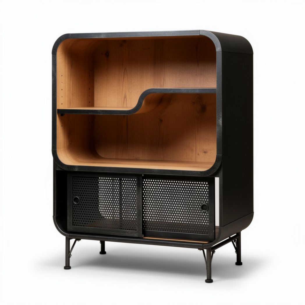 Meuble de rangement en métal noir et bois 80 x 40 x 120cm avec étagères ouvertes