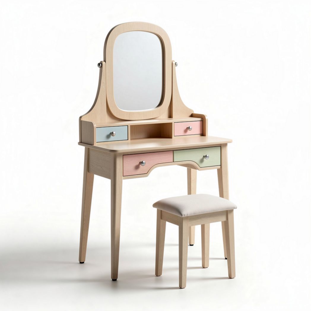 Coiffeuse en bois avec miroir et tiroirs colorés 80 x 40 x 150cm