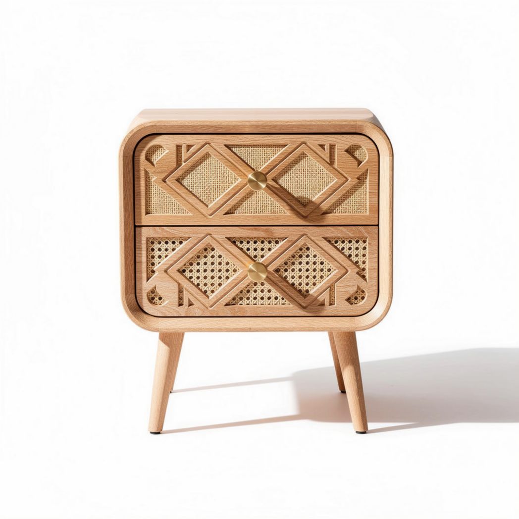 Table de chevet en bois clair avec deux tiroirs en rotin 50 x 40 x 60cm
