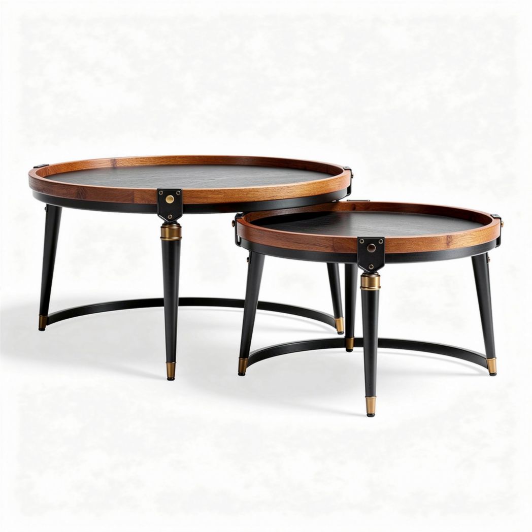 Tables basses rondes en métal et bois 60 x 60 x 45cm set de deux