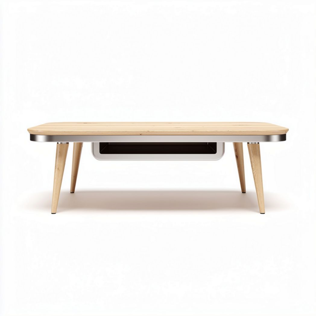 Table basse en bois naturel de 120 x 60 x 40 cm avec rangement intégré