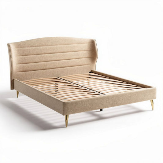 Lit en tissu beige avec sommier à lattes 195 x 160 x 30cm