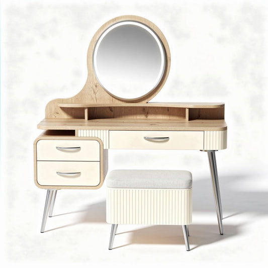Coiffeuse moderne en bois et blanc avec miroir rond et pouf de rangement 120 x 40 x 70cm