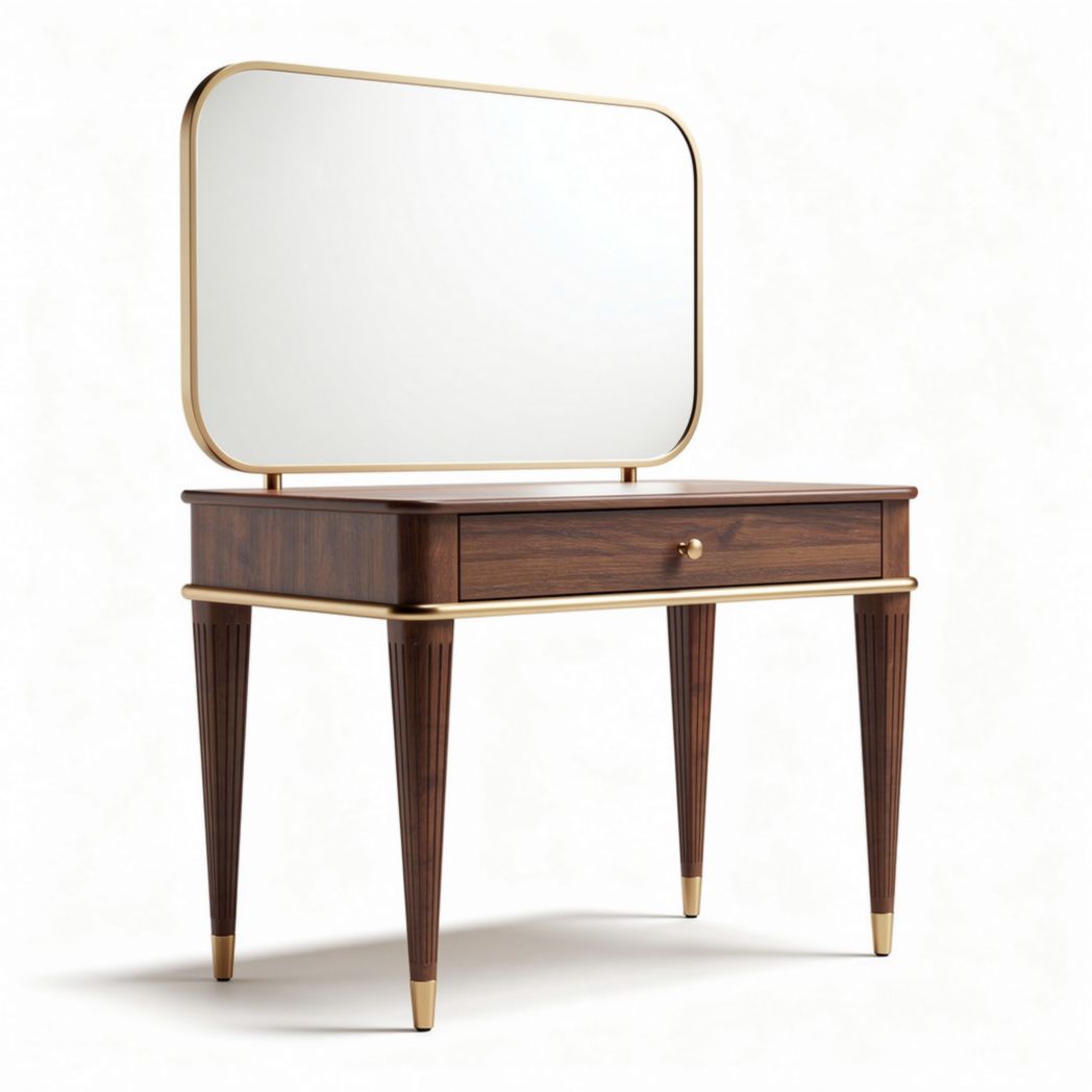 Coiffeuse en bois gris avec miroir rond et tiroirs dorés 80 x 40 x 75cm