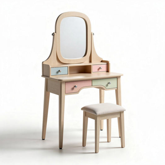 Coiffeuse en bois avec miroir et tiroirs colorés 80 x 40 x 150cm