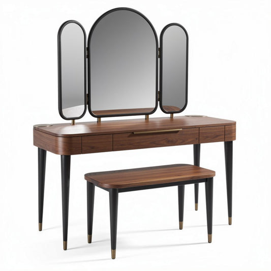 Coiffeuse en bois foncé avec miroir triple et banc assorti 120 x 40 x 75cm