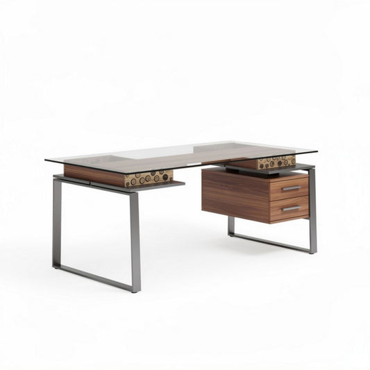 Bureau en verre avec tiroirs en bois de noyer dimensions 150 x 75 x 75cm