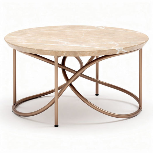 Table basse ronde en marbre beige avec pieds en métal doré 80 x 80 x 40cm